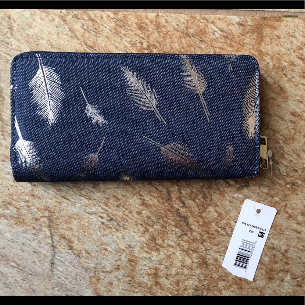 NWT Denim silver feather zippered wallet